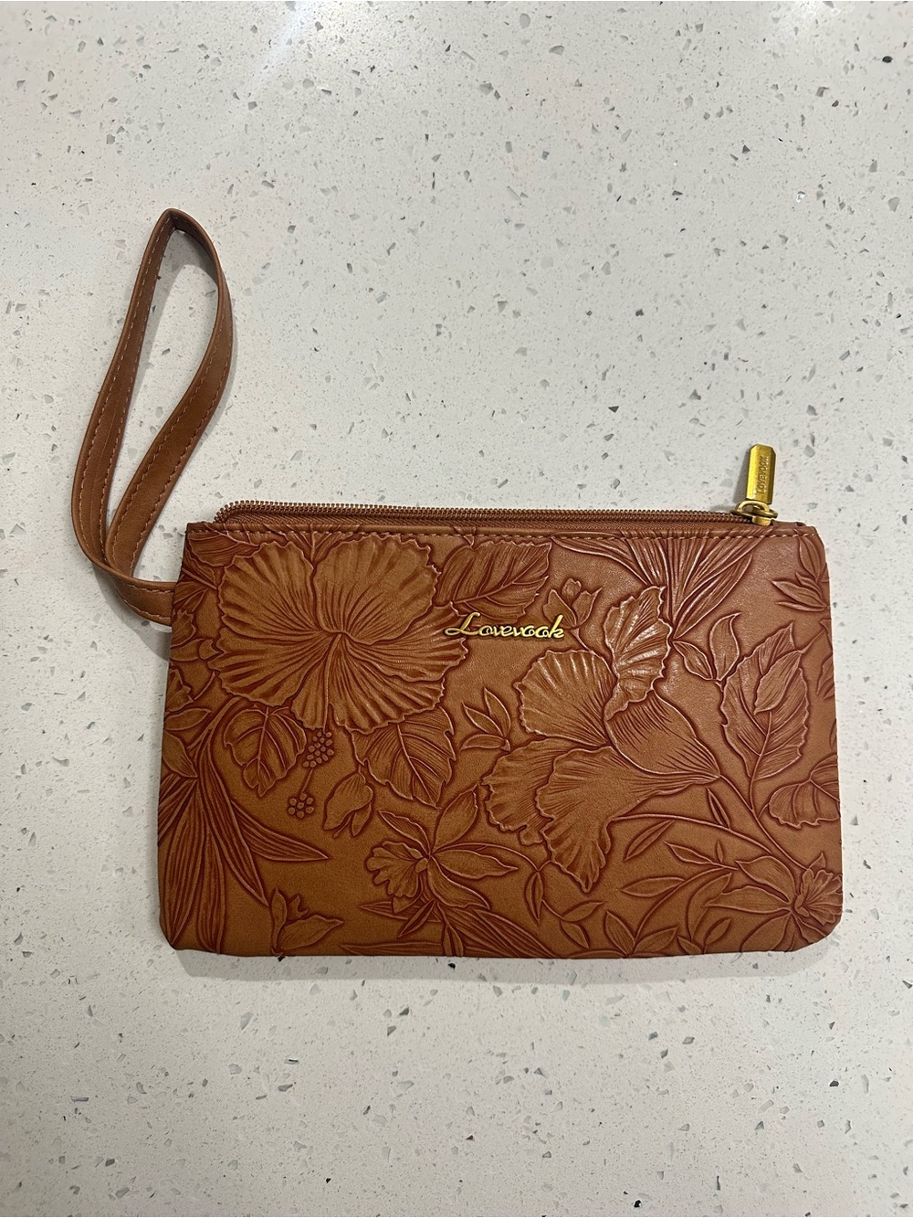 Loversock Embossed Floral Wristlet Clutch in Cognac Brown